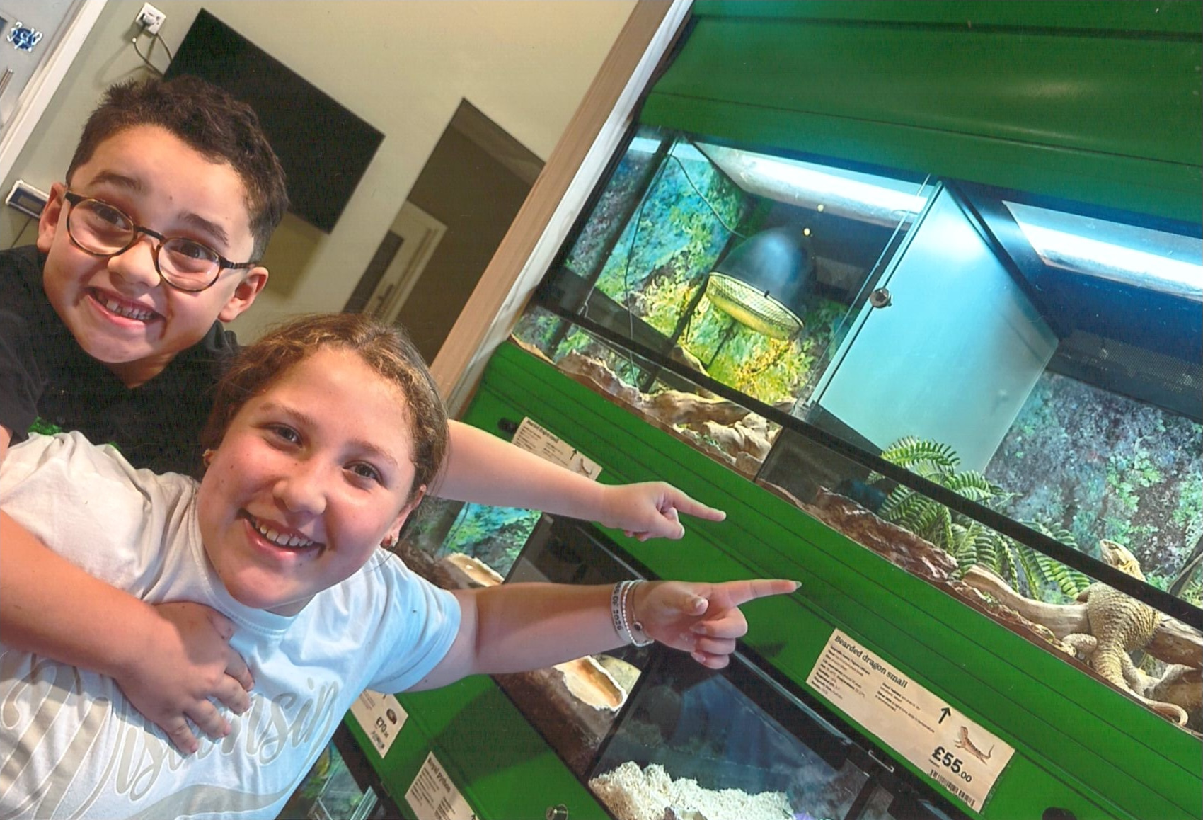 George and his sister Alice pointing at bearded dragons in the pet shop