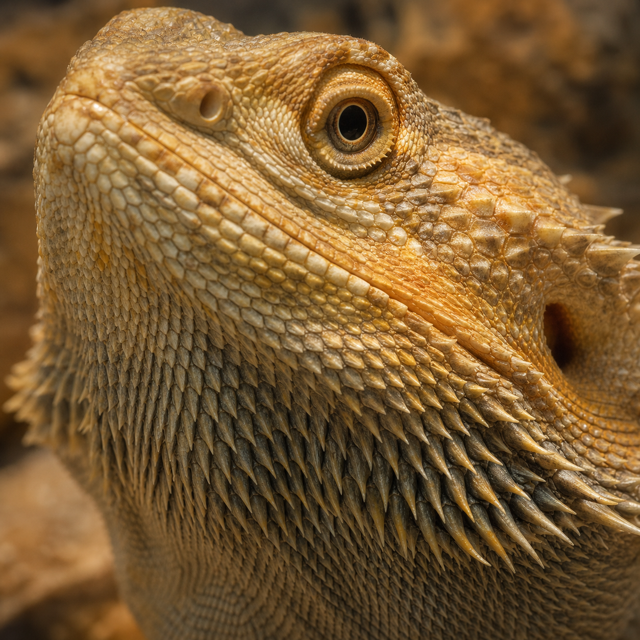 Close-up of a bearded dragon's spiky beard and eye