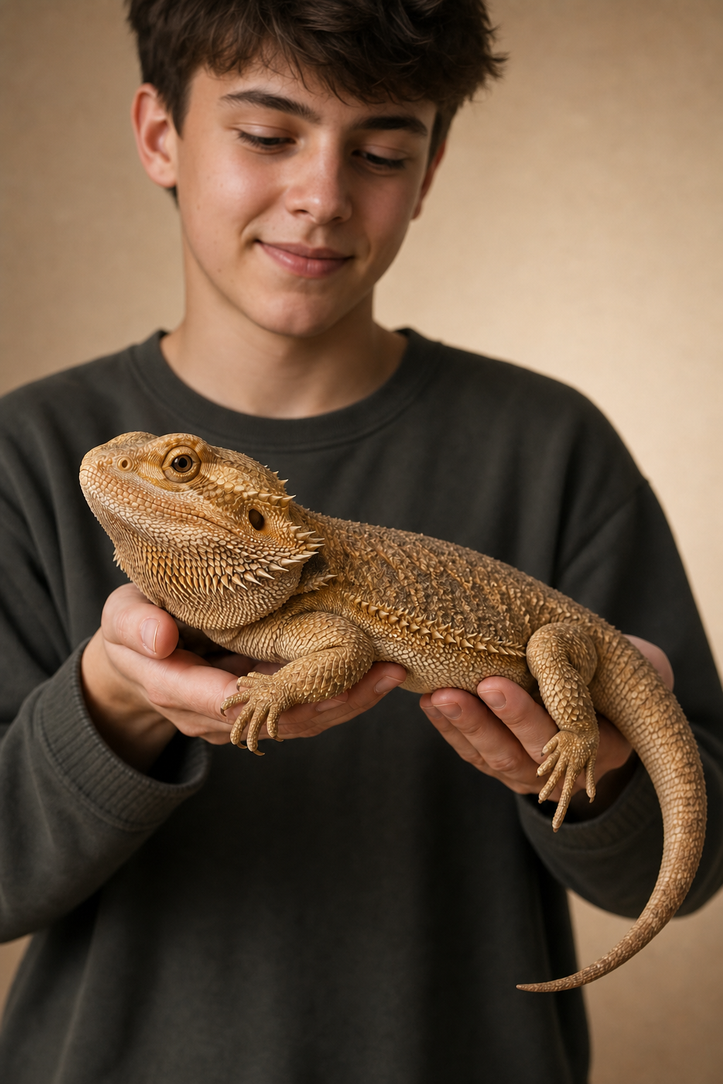 A boy holding a bearded dragon carefully with both hands