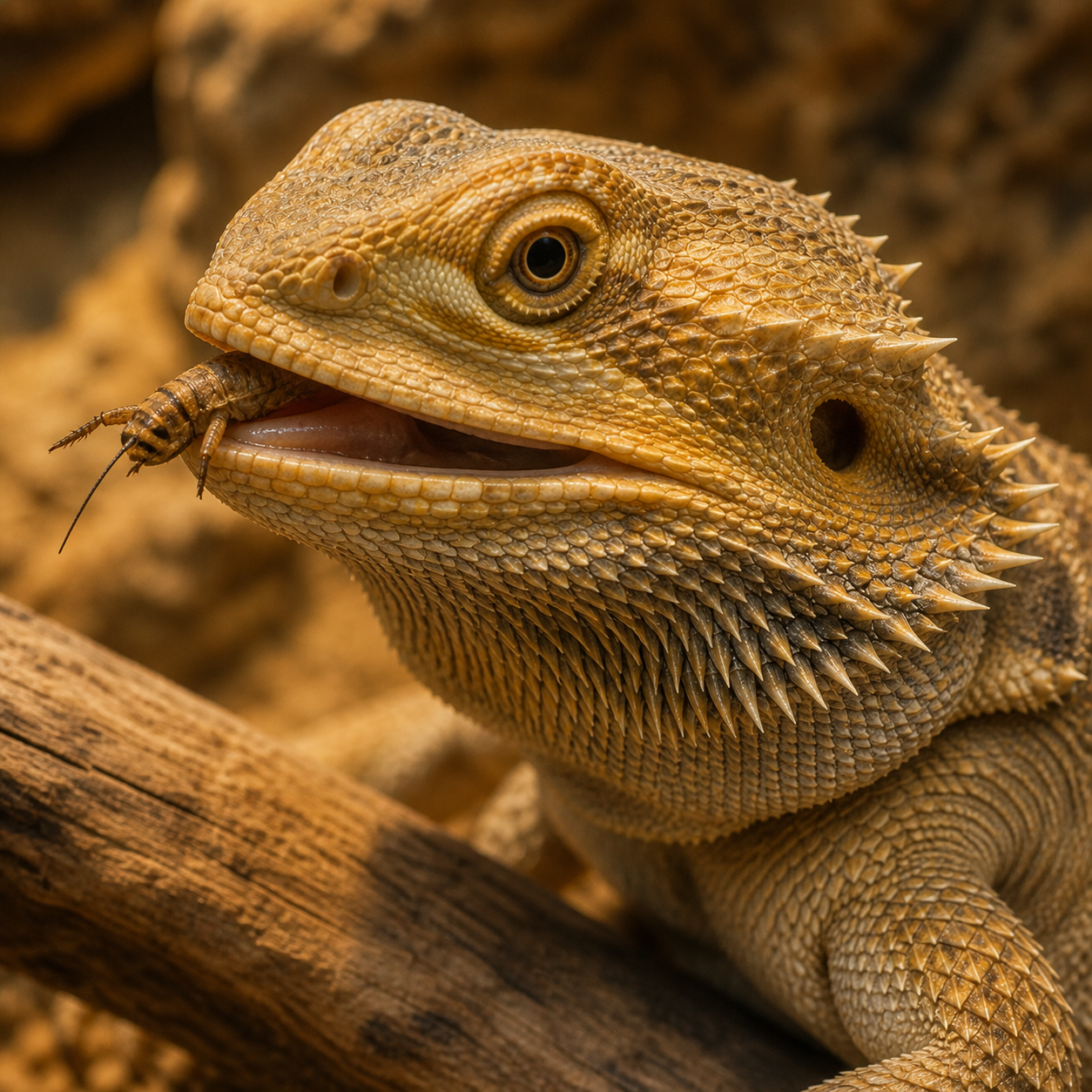 A bearded dragon eating a cricket