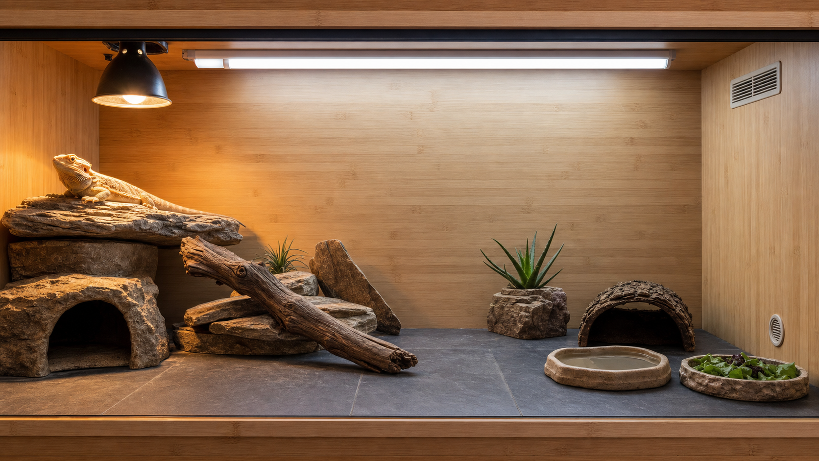 Inside a bearded dragon vivarium
